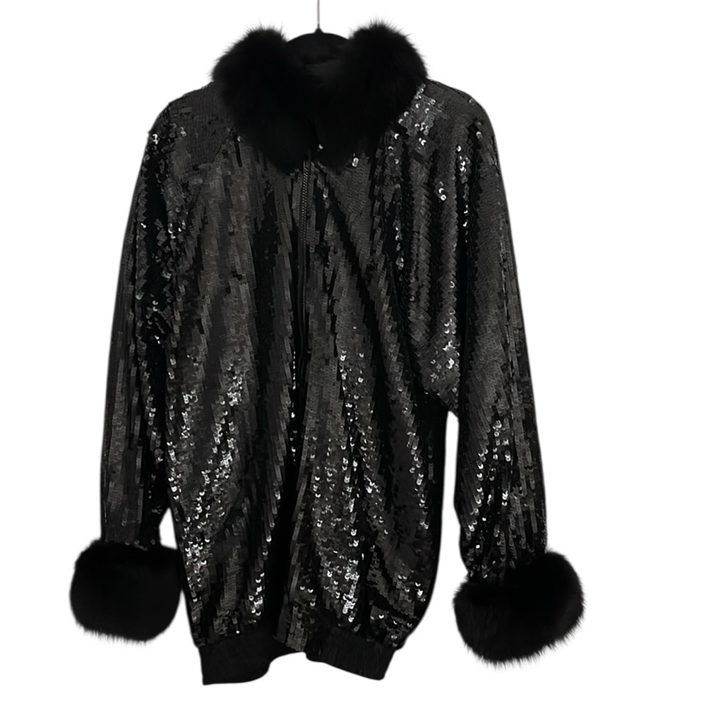 NWOT MODI Vintage Black Sequin Statement Jacket Silk & Real Fox Fur Trim Evening